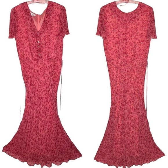 David Warren NY Ditsy Floral Ruffles Long Maxi Dress Ruffles Size 12 Dusty Rose - Picture 2 of 16